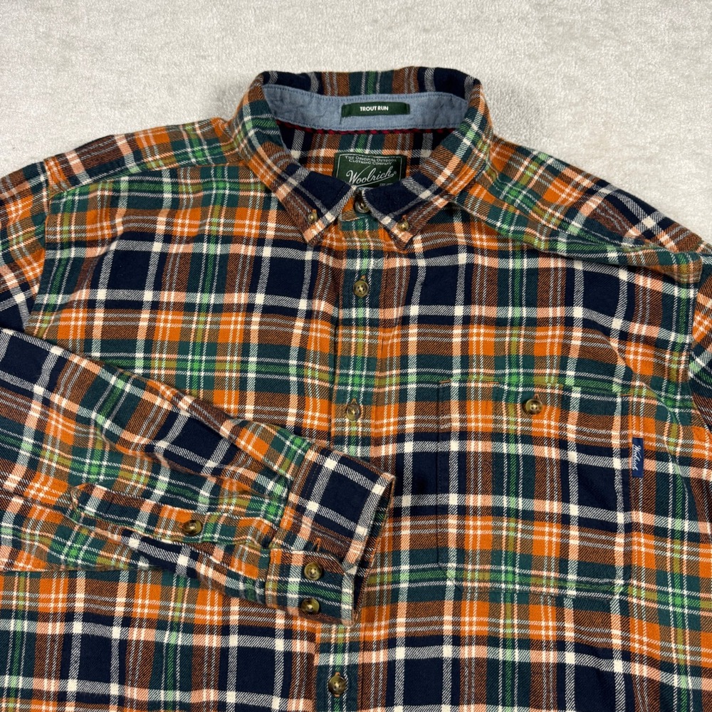 Woolrich Button Down Mens XXL Orange Trout Run Plaid Flannel Long Sleeve Shirt